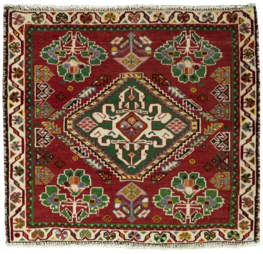 Full view of 2000s Shiraz rug from Iran / Persia, 57 × 61 cm in Red tones