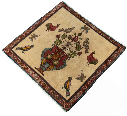Corner detail of 2000s Shiraz rug showing border pattern and Wool pile
