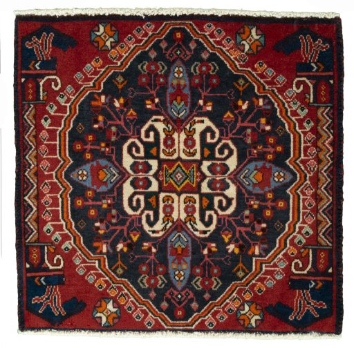Full view of 2000s Shiraz rug from Iran / Persia, 55 × 56 cm in Red tones