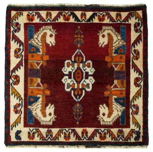 Full view of 2000s Shiraz rug from Iran / Persia, 63 × 65 cm in Red tones