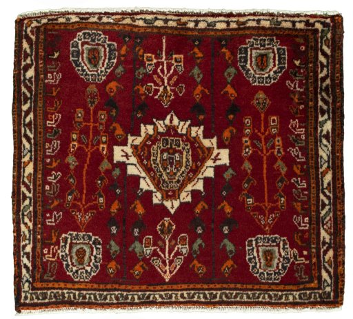 Full view of 2000s Shiraz rug from Iran / Persia, 56 × 64 cm in Red tones
