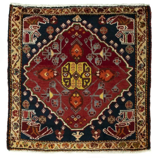 Full view of 2000s Shiraz rug from Iran / Persia, 60 × 60 cm in Red tones