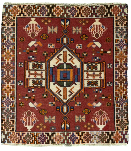 Full view of 2000s Shiraz rug from Iran / Persia, 66 × 61 cm in Red tones
