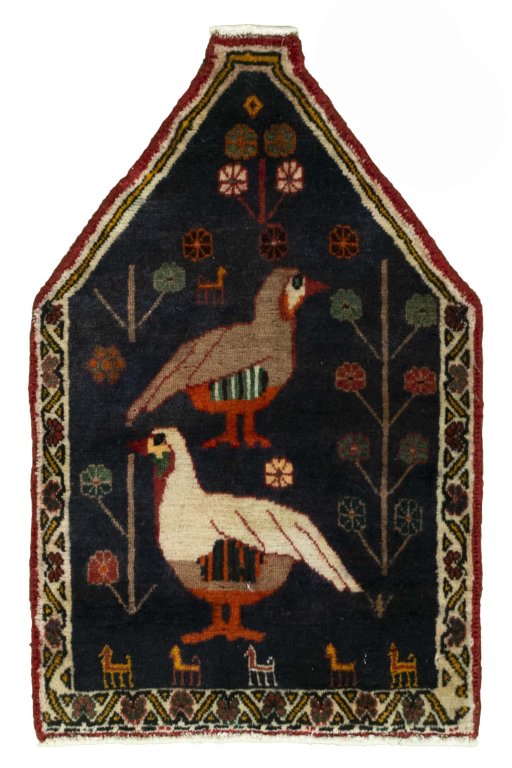 Full view of 2000s Shiraz rug from Iran / Persia, 66 × 43 cm in Red tones
