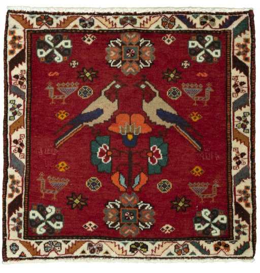 Full view of 2000s Shiraz rug from Iran / Persia, 56 × 58 cm in Red tones