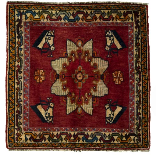 Full view of 2000s Shiraz rug from Iran / Persia, 64 × 64 cm in Red tones