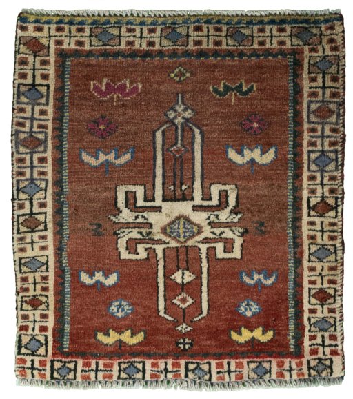 Full view of 2000s Shiraz rug from Iran / Persia, 65 × 60 cm in Red tones