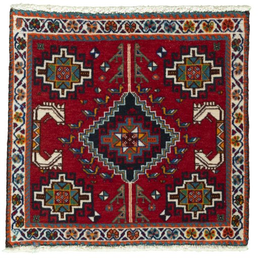 Full view of 2000s Shiraz rug from Iran / Persia, 56 × 58 cm in Red tones