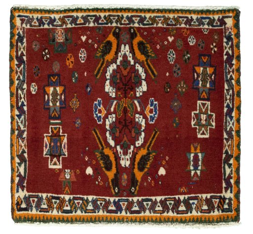 Full view of 2000s Shiraz rug from Iran / Persia, 57 × 61 cm in Red tones