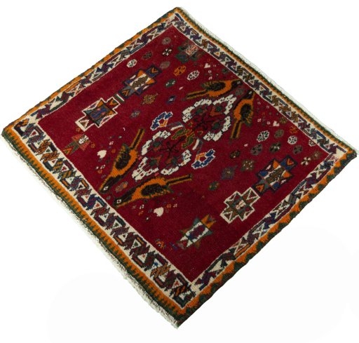 Corner detail of 2000s Shiraz rug showing border pattern and Wool pile