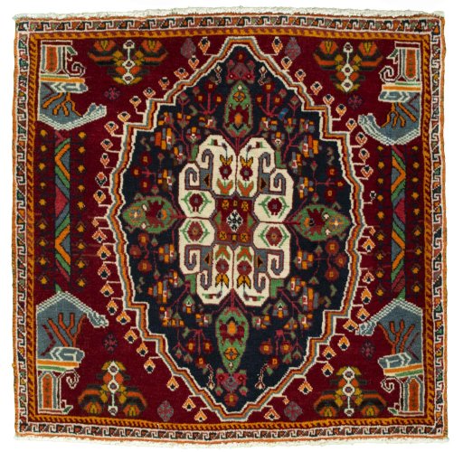Full view of 2000s Shiraz rug from Iran / Persia, 70 × 70 cm in Red tones