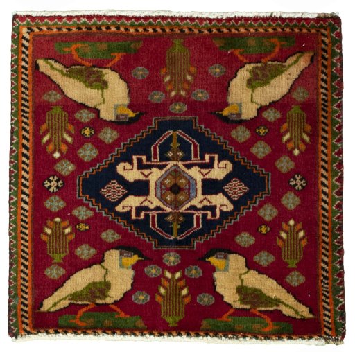 Full view of 2000s Shiraz rug from Iran / Persia, 51 × 57 cm in Red tones