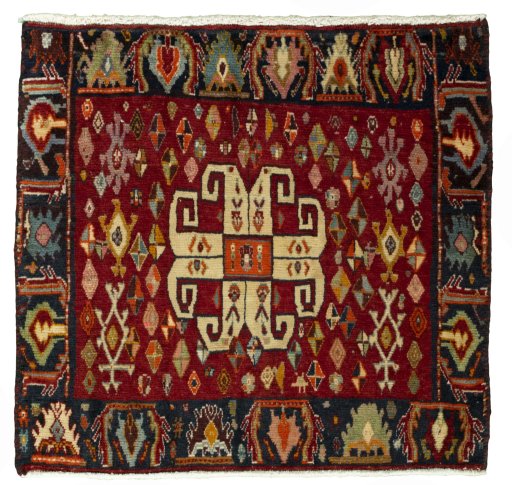 Full view of 2000s Shiraz rug from Iran / Persia, 64 × 67 cm in Red tones