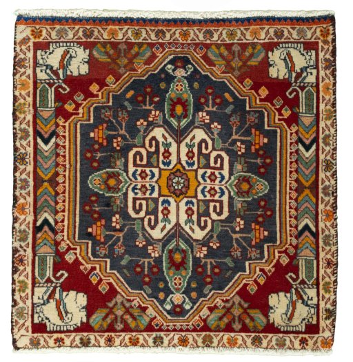 Full view of 2000s Shiraz rug from Iran / Persia, 61 × 60 cm in Red tones