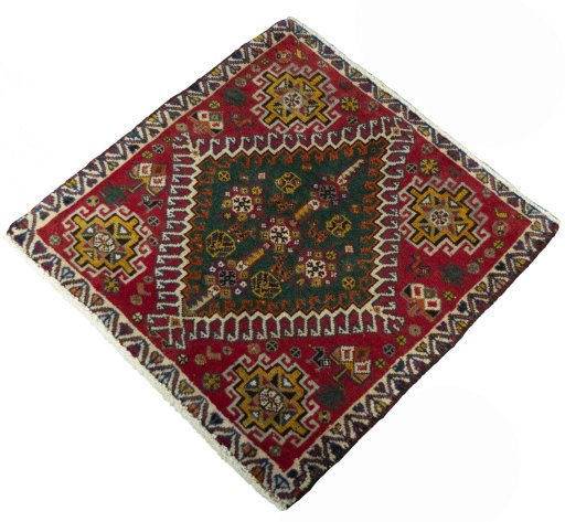 Corner detail of 2000s Shiraz rug showing border pattern and Wool pile