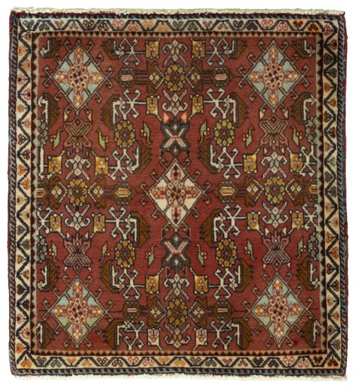 Full view of 2000s Shiraz rug from Iran / Persia, 66 × 62 cm in Red tones