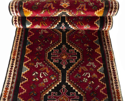 Full view of 2000s Shiraz rug from Iran / Persia, 253 × 80 cm in Red tones