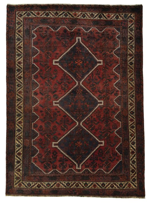 Full view of 2000s Shiraz rug from Iran / Persia, 290 × 210 cm in Red tones