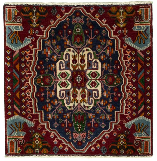 Full view of 2000s Shiraz rug from Iran / Persia, 59 × 58 cm in Red tones