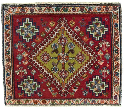 Full view of 2000s Shiraz rug from Iran / Persia, 54 × 64 cm in Red tones