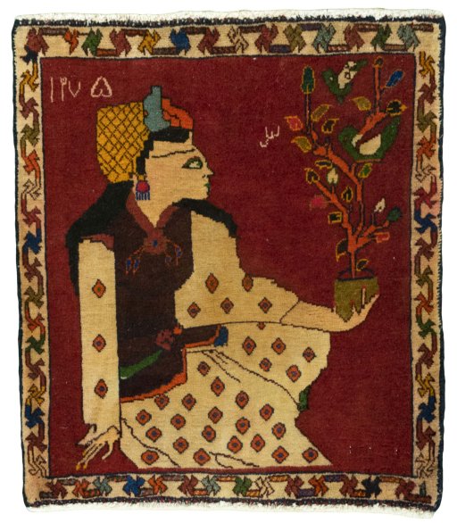 Full view of 2000s Shiraz rug from Iran / Persia, 62 × 55 cm in Red tones