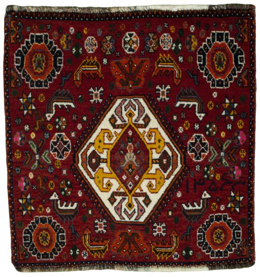 Full view of 2000s Shiraz rug from Iran / Persia, 58 × 57 cm in Red tones