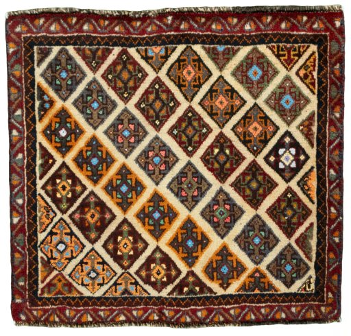 Full view of 2000s Shiraz rug from Iran / Persia, 55 × 60 cm in Red tones