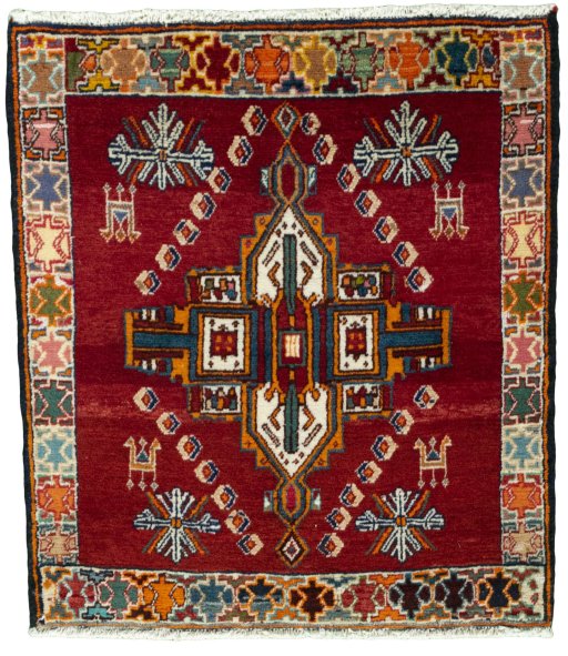 Full view of 2000s Shiraz rug from Iran / Persia, 72 × 64 cm in Red tones