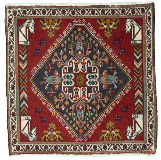 Full view of 2000s Shiraz rug from Iran / Persia, 65 × 66 cm in Red tones