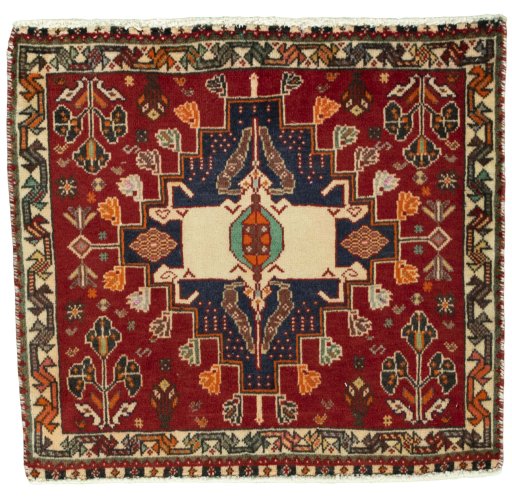 Full view of 2000s Shiraz rug from Iran / Persia, 58 × 63 cm in Red tones