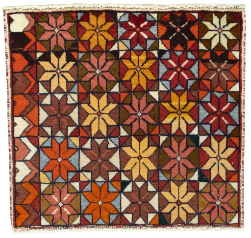 Full view of 2000s Shiraz rug from Iran / Persia, 50 × 53 cm in Red tones