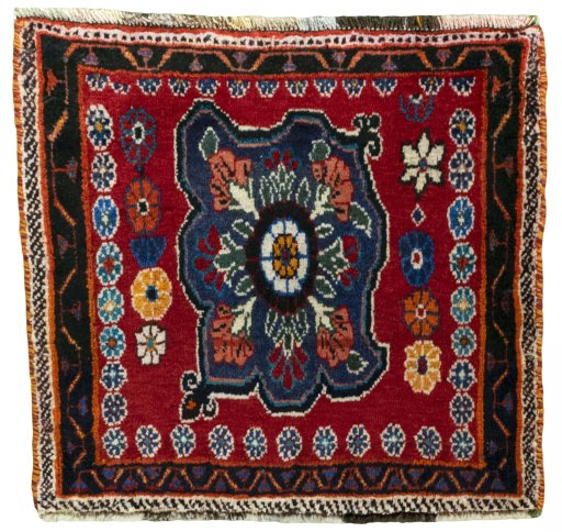 Full view of 2000s Shiraz rug from Iran / Persia, 54 × 58 cm in Red tones