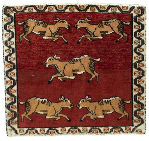 Full view of 2000s Shiraz rug from Iran / Persia, 57 × 63 cm in Red tones