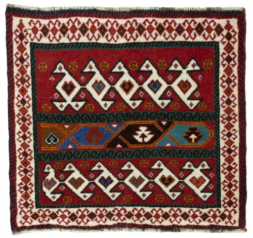 Full view of 2000s Shiraz rug from Iran / Persia, 54 × 58 cm in Red tones