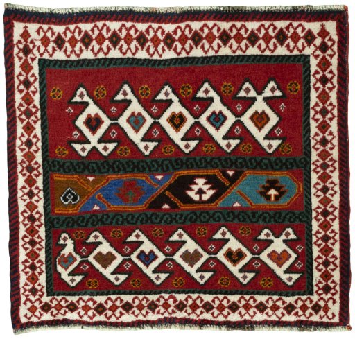 Full view of 2000s Shiraz rug from Iran / Persia, 54 × 59 cm in Red tones