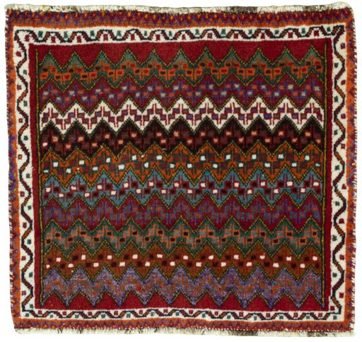 Full view of 2000s Shiraz rug from Iran / Persia, 51 × 57 cm in Red tones