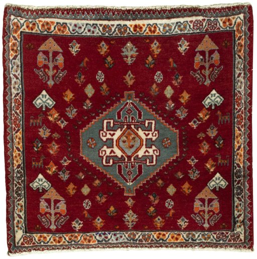 Full view of 2000s Shiraz rug from Iran / Persia, 63 × 66 cm in Red tones