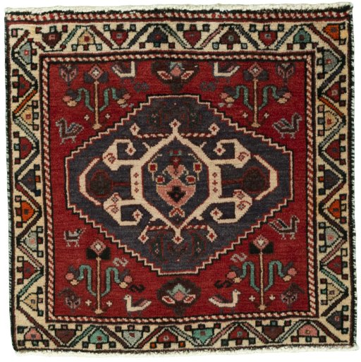 Full view of 2000s Shiraz rug from Iran / Persia, 56 × 57 cm in Red tones