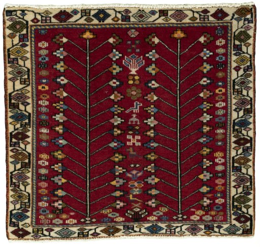 Full view of 2000s Shiraz rug from Iran / Persia, 63 × 70 cm in Red tones