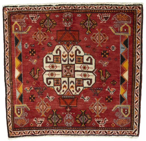 Full view of 2000s Shiraz rug from Iran / Persia, 62 × 64 cm in Red tones