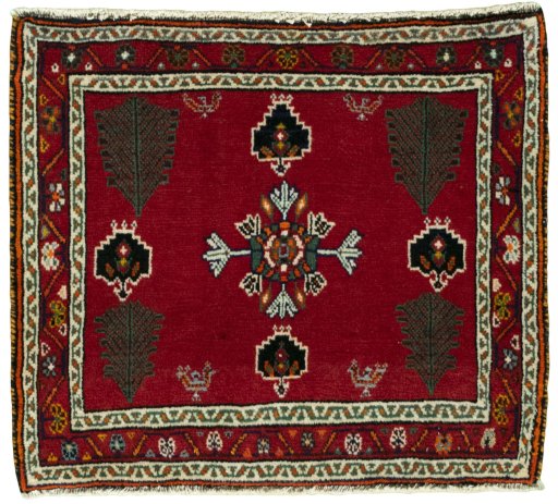 Full view of 2000s Shiraz rug from Iran / Persia, 54 × 61 cm in Red tones