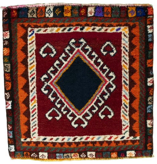 Full view of 2000s Shiraz rug from Iran / Persia, 50 × 50 cm in Red tones