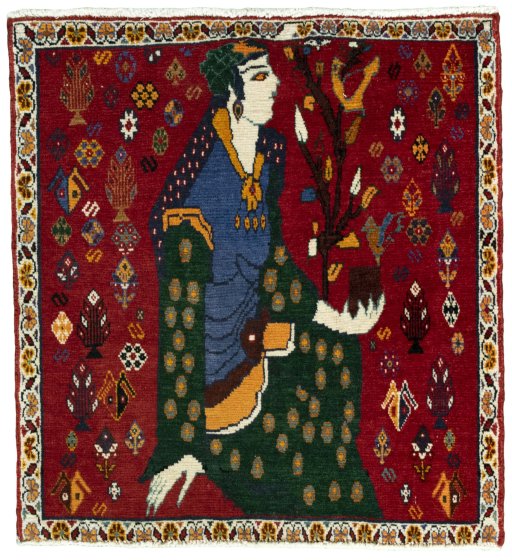 Full view of 2000s Shiraz rug from Iran / Persia, 75 × 70 cm in Red tones