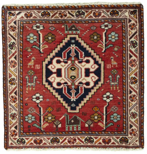 Full view of 2000s Shiraz rug from Iran / Persia, 60 × 60 cm in Red tones