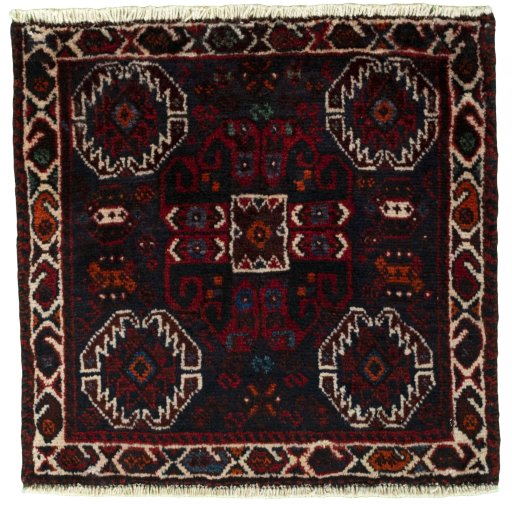 Full view of 2000s Shiraz rug from Iran / Persia, 58 × 60 cm in Red tones