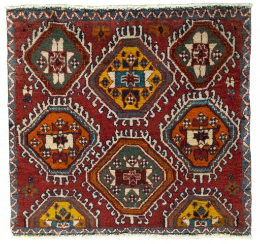 Full view of 2000s Shiraz rug from Iran / Persia, 58 × 63 cm in Red tones