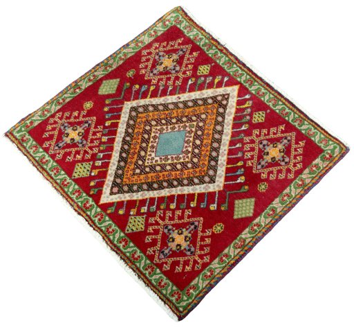 Corner detail of 2000s Shiraz rug showing border pattern and Wool pile