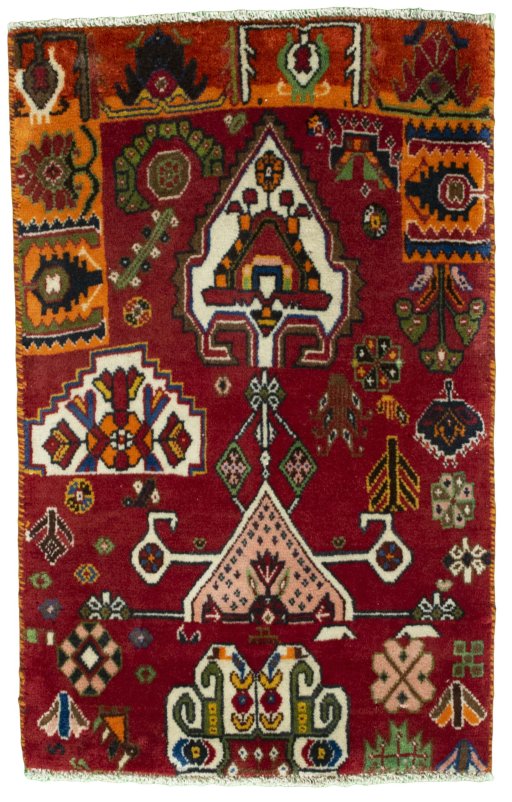 Full view of 2000s Shiraz rug from Iran / Persia, 75 × 47 cm in Red tones