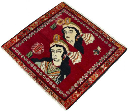 Corner detail of 2000s Shiraz rug showing border pattern and Wool pile