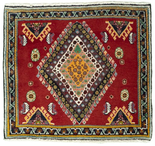 Full view of 2000s Shiraz rug from Iran / Persia, 64 × 70 cm in Red tones
